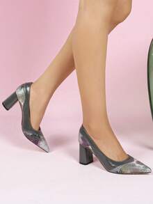 Elegante Schlangenhaut-Muster Patchwork Büro-Party High Heel Spitzschuh Damenschuhe - Grau - Übersicht 3
