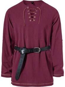 Men's Pure Cotton Vintage Lace Up Shirts For Pirate Renaissance Viking Medieval Costume Without Belt - 酒紅色 - 查看 2