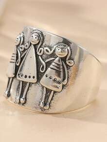 3pcs Vintage Copper-Tone Handcrafted Carved Figurine Rings, Bohemian Style Daily Wear Rings For Women - Silver - View 3