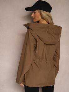 Women Drawstring Waist Reversible Hooded Parka Jacket - Brown - View 3