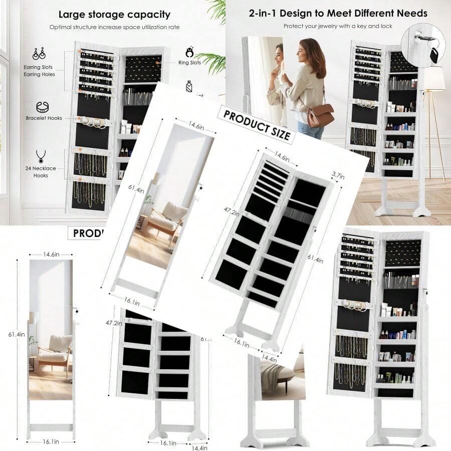 HYLZVN Jewelry Cabinet Mirror Jewelry Organizer With FullLength Mirror Standing Lockable Jewelry Armoire Mirror Organizer Large Storage Capacity Wooden Cosmetic Organizer Storage White - trắng - Xem 1