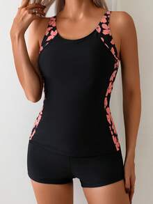 Stylish Women's Tankini Set With Round Neck Floral Tape Top And Solid Black Swim Shorts Casual And Sexy Medium Stretch - Black - View 3