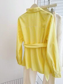 女士优雅修身长袖衬衫，收腰设计，配蝴蝶结，黄色条纹，适合通勤和外出穿着，春夏款 - 黃白色 - 查看 3