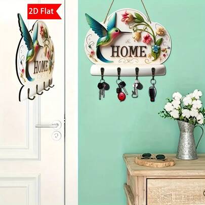 מתלה מפתחות לבית דו-ממדי מקסים מעץ עם דבש דבש ופרחים, עם 4 ווים ממתכת, לתלייה על הקיר, אמנות קיר בצורת לב, עיצוב נעים למרפסת ולחדר, מארגן קיר בהשראת ציפורים, ללא צורך בחשמל, עיצוב שטוח קל משקל, אחסון מפתחות נגיש בקלות, גימור כפרי לבית, מושלם לכניסות, מטבחים וחדרי מגורים
