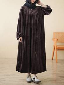 Sukienka w dużym rozmiarze, top, elegancka odzież damska na wiosnę i jesień 2025, jednokolorowa odzież damska w rozmiarze plate, tradycyjny strój, szeroki, z okrągłym dekoltem i rękawami, swobodny, festiwalowy styl na co dzień