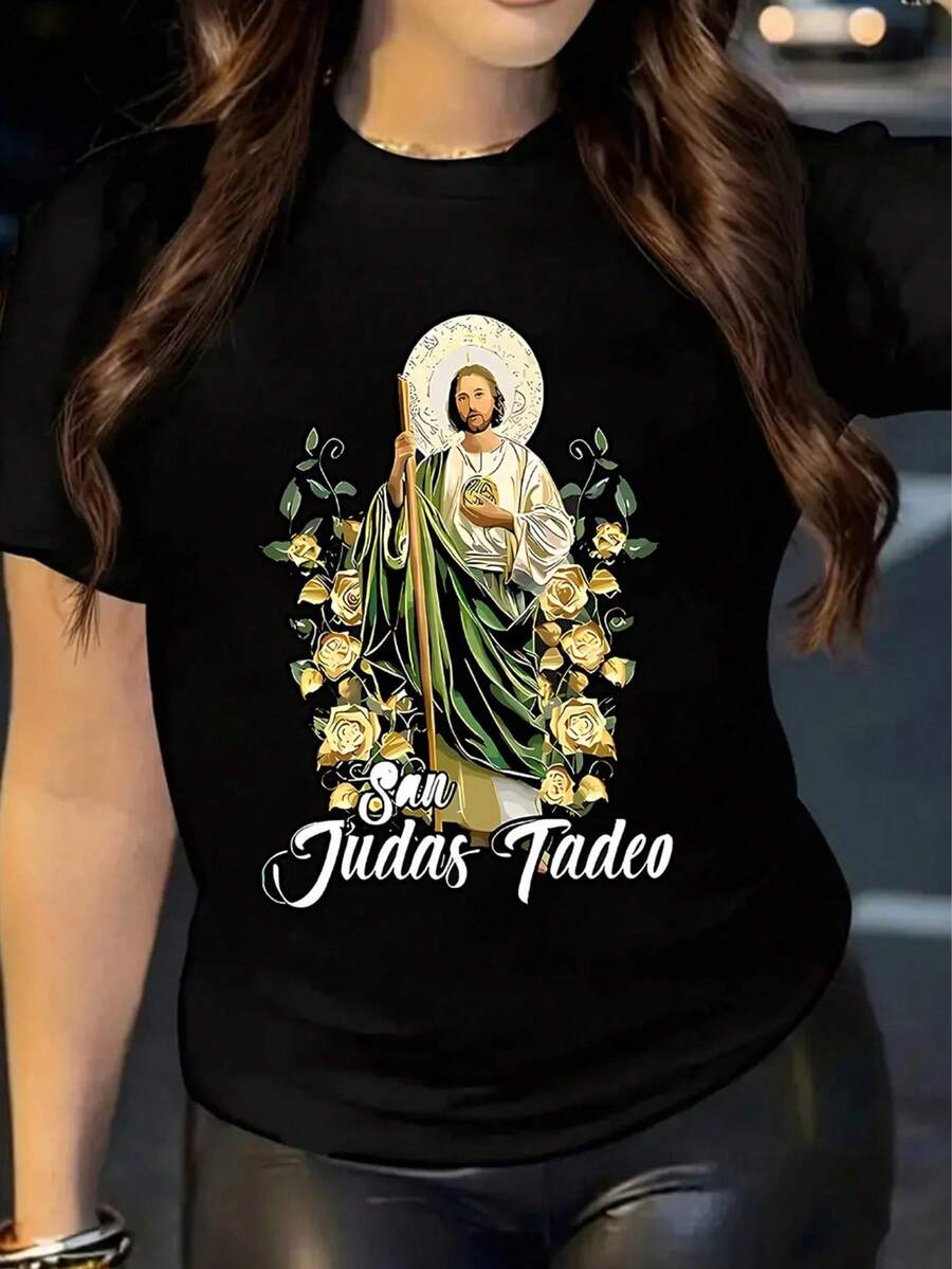 Camiseta oversize para mujer con estampado floral de Jesús, cuello redondo, manga corta informal de verano, talla grande. - Negro - Ver 1