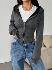 1pc Vintage Loose Fit Zip-Up Sweatshirt Jacket - Dark Grey - View 3