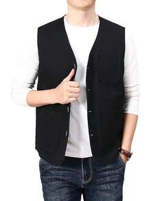 Men's Casual Outdoor Cotton Vest Lightweight Breathable Multi-Pocket Fishing Travel Vests OutwearChristmas IQWV - 02-黑色 - 查看 3