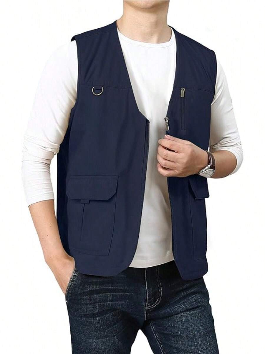 Men's Casual Outdoor Cotton Vest Lightweight Breathable Multi-Pocket Fishing Travel Vests OutwearChristmas IQWV - 04-海軍藍 - 查看 1