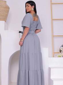 Women's Long Dress In Um Duna Fabric With A More Elaborate Design And A Belted Cup - 灰色 - 查看 2