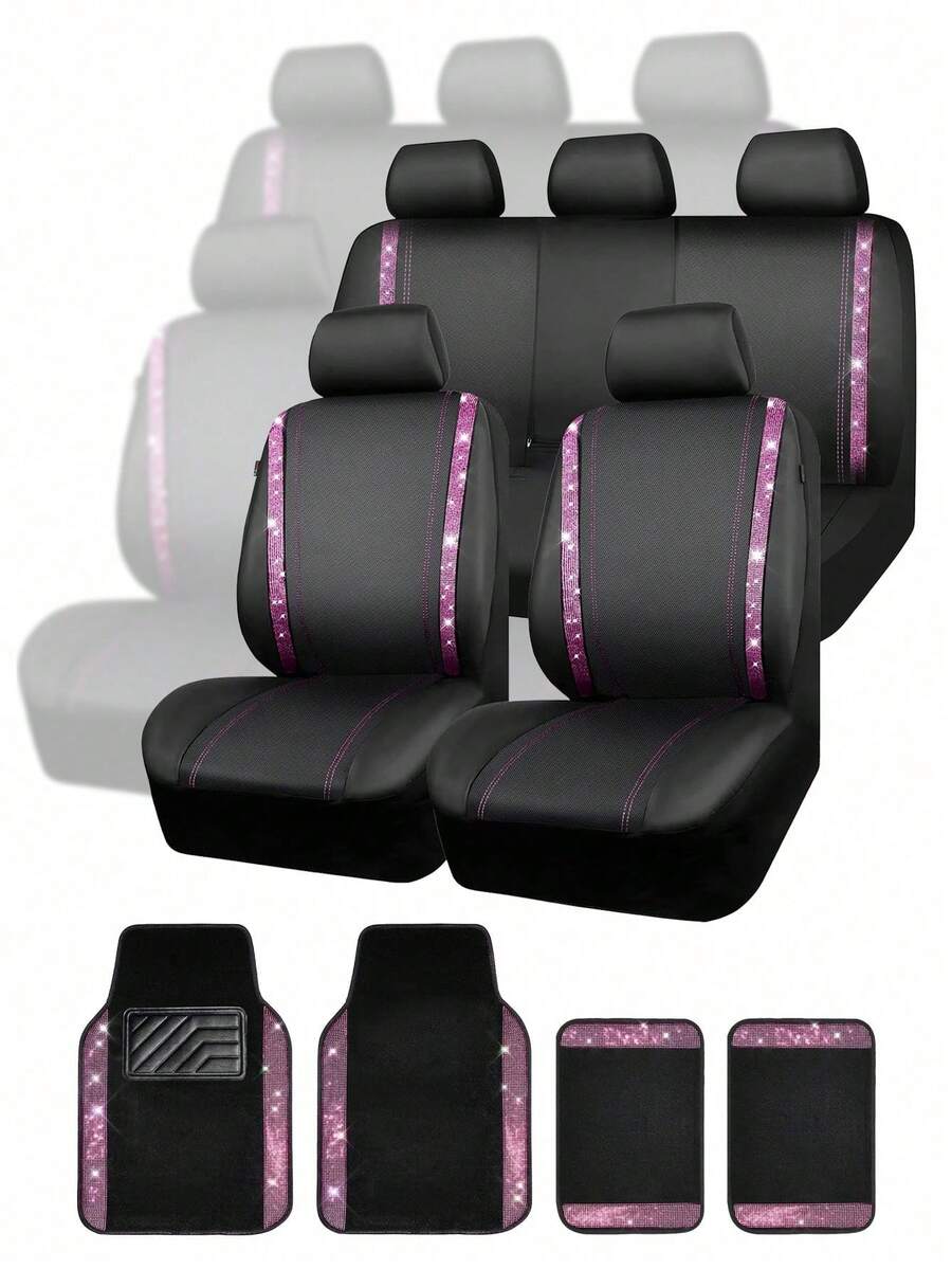 9pcs Glitter Diamond Car Seat Covers, 4pcs Glitter Diamond Car Foot Mats, Glitter Rhinestones Non-Slip PVC Set For SUV/Truck/Car (Complete Front And Rear, Waterproof All-Weather Interior Protection) - A款 - 查看 1