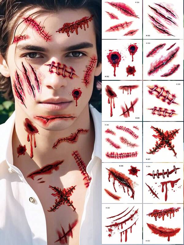 20Sheets Halloween 3D Fake Scar Temporary Tattoos For Adutls, Horror Fake Tattoos Fake Bloody Wound Temporary Zombie Tattoos For Body Face Masquerade Prank Makeup Adults Cosplay Costume Party