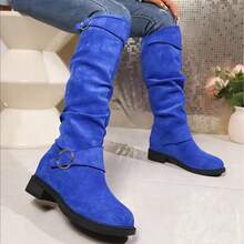 New Autumn And Winter Pleated Low - Heel Western Cowboy Boots For Women, With Belt Buckles, Long Boots, Thick Heels, Slimming Long Tubes, Over - Knee And Thigh - High Boots, Sexy Autumn And Winter Cowboy Boots - 深藍色 - 查看 4
