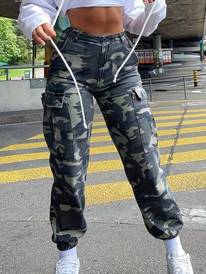 GILIPUR Y2K Style Women's Camouflage Cargo Pants, High Waist Loose Fit Long Trousers, Retro Casual Streetwear Bottom