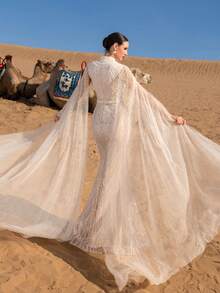 Faeriesty Haute Glamour Luxury Sparkly Beaded Sequin Evening Gown With Wave Pattern Embroidery & Crystal Accents - Tulle Cape Sleeves & Floor-Length Cascading Skirt For Galas, Wedding Banquets & High-End Red Carpet Events For Women - Màu be - Xem 2