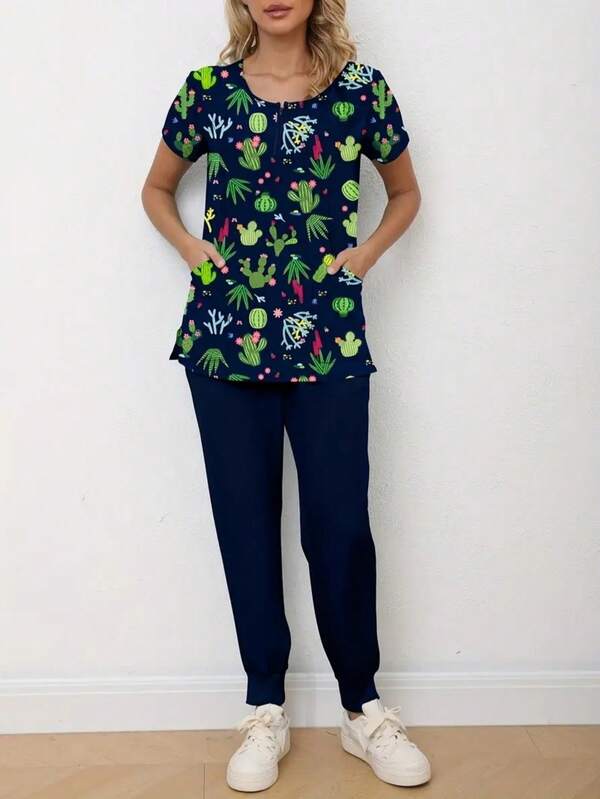 Conjunto de uniformes médicos con estampado floral y animal con bolsillos divididos