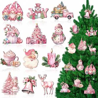 12pcs/24pcs/36pcs Pink Christmas Tree Hanging Ornaments, Wooden Christmas Decorations. The Pink Christmas Tree Hanging Ornament Set Includes 12 Delightful Designs With Charming Christmas Icons Such As Snowman, Elf, Bell, Candy Cane, Lollipop, Etc. Home Decor Room Decor Christmas Decorations Home Christmas Gifts Christmas Decor
