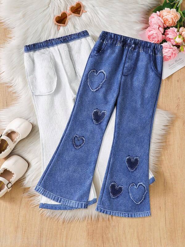 Dziewczęce spodnie dzwony z nadrukiem cyfrowym i wzorem w serduszka, z podszewką termiczną, miękkie i wygodne, jesień/zima