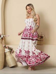 Look Of Millions!!! Long Strapless Dress With Floral Print - Tropical Pink - View 2