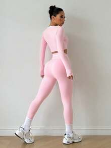 FWH Quần legging thể thao cạp cao ôm sát, thanh lịch, dễ thương, thích hợp cho chạy bộ ngoài trời, yoga, pilates, đa năng, đơn giản, thoải mái, co giãn, chất lượng cao, nâng mông, định hình vòng ba, màu hồng đào, bộ 2 món, mùa xuân. - Hồng - Xem 4