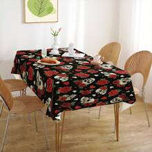 1 pièce Nappe en polyester noir avec motif squelette, motifs de crânes, fleurs et cœurs. Nappe rectangulaire/carrée imperméable, anti-taches et sans plis. Pour la décoration intérieure et extérieure, maison, chambre, salle de bain, cuisine et salle à manger. Idéal pour Halloween, Noël, mariage, anniversaire, fête, pique-nique et autres occasions festives.