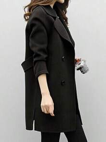 Abrigo de lana holgado de doble botonadura, de longitud media y color liso, versátil y a la moda para mujer. - Negro - Ver 5