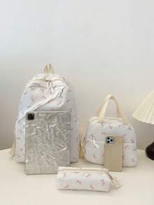 3pcs Fashionable Collegiate Bow Print Backpack Set, Includes Backpack, Lunch Bag And Pencil Case, With Laptop Compartment, Adjustable Shoulder Straps, Multi-Pocket Large Capacity, Multi-Functional Daily Backpack Set, Suitable For Girls/Teens/College Students/Graduates For Daily Use/Vacation/Travel/Back To School - White - View 4