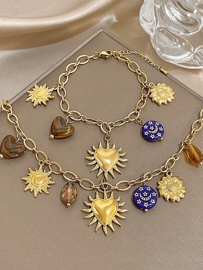 18K Gold Plated Stainless Steel Vintage Sweet Bracelet Necklace Set, With Sun, Heart And Flower Pendants, Suitable For Women, Can Be Worn For Halloween, Christmas, Thanksgiving, Boho Style, Daily Wear, Summer Party, Gift For Mom, Back To School Or Birthday