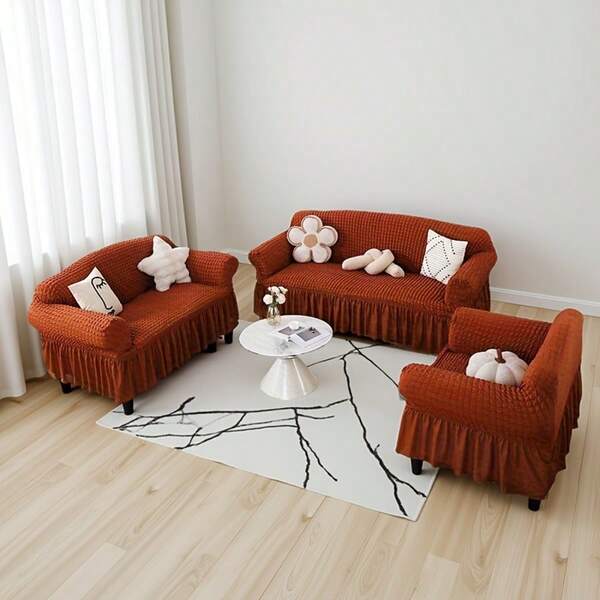 1pc Orange Color Bubble Yarn Elastic Sofa Cover, Full Package With Skirt Anti-Slip Sofa Cover, Sofa Cover, Bedroom Office Living Room Home Decoration Furniture Protection Cover For Single Person, 2 People, 3 People And 4 People Sofa Suitable For All Seasons