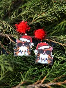 Acrylic Resin Santa Cat Earrings With Red Pom Poms – Cute Christmas Earrings, Funny Santa Cat Jewelry, Handmade Holiday Earrings, Xmas Accessories, Lightweight Christmas Jewelry, Resin Art Earrings For Christmas