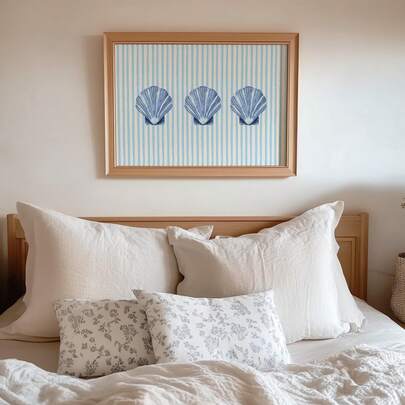 1幅贝壳条纹墙画，粉色和米蓝色印花帆布画，海滩夏日海报，复古美学装饰，适用于客厅、海滨别墅、公寓、宿舍，送给她的礼物，可选无框或有框。