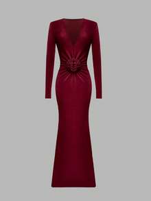 Women's Elegant Fashion Sexy Red Ruched 3D Floral Design Deep V-Neck Padded Shoulder Fishtail Dress, Early Autumn - Burgundy - View 1