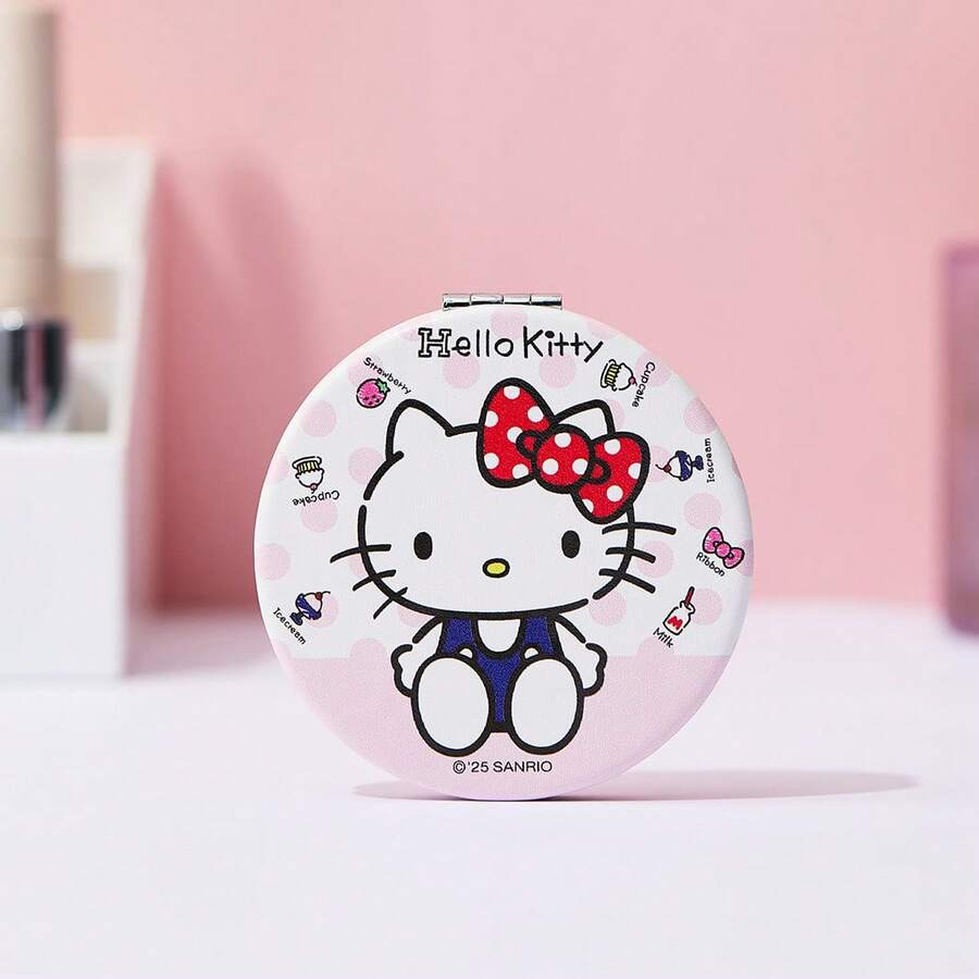 Miniso Hello Kitty 經典雙面折疊口袋鏡 - 圓形、紅色波點蝴蝶結、高清晰度鏡面、輕巧便攜，外出必備 (1件)