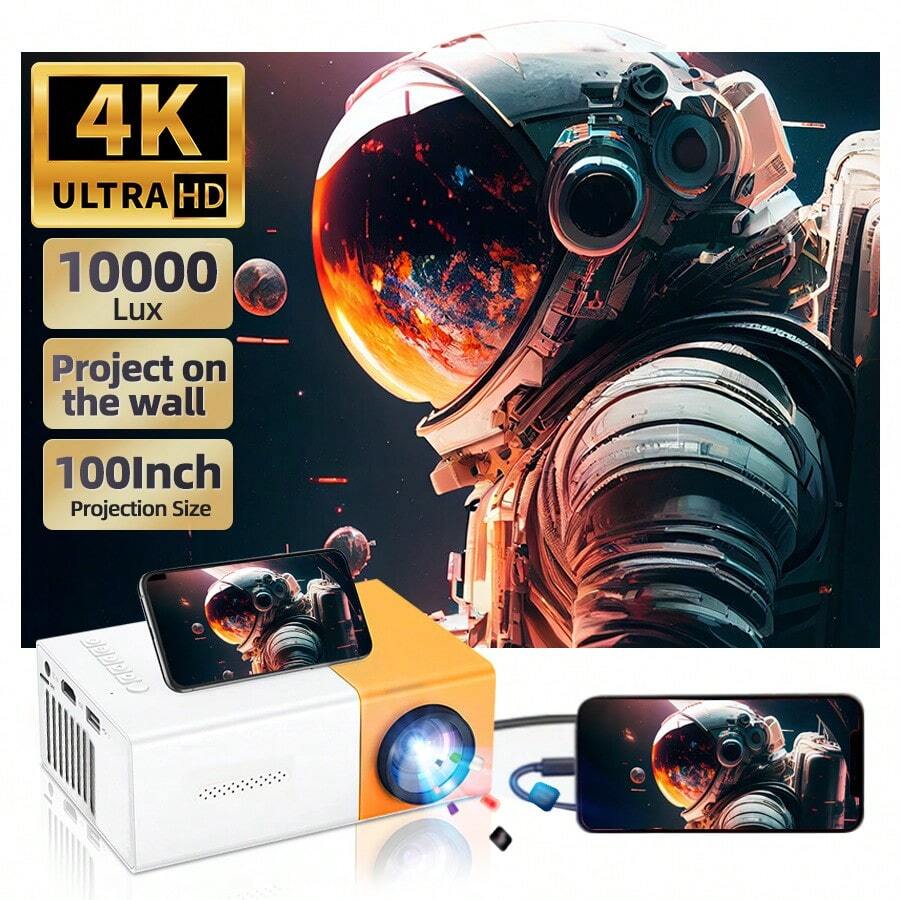 HUASHIJIE 2025 New Ultra-Clear Projector Home Bedroom Ultra-High-Definition Projection Wall High-Definition Small Home Theater Computer Smart Phone High-Definition Connection Fitness Office Outdoor Camping Room Online Class Living Room Dormitory Student Mini 4K Projector - EU C Type Plug(220-240V) - View 1