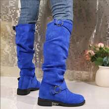 Mid Autumn/Winter Suede Pile Boots Women's Western Cowboy Boots Women's Retro Boots New Knight Boots Retro Flat Western Belt Buckle Boots - Màu xanh lam - Xem 6