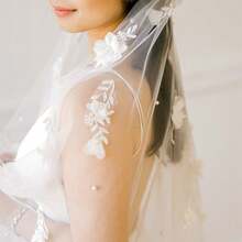 1pc Handmade Floral Beaded Cathedral Bridal Veil, Suitable For Wedding, Photography Props, Long Registration Desk Veil With Hair Comb Fall Clothes For Women - Beige - View 6