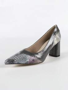 Elegante Schlangenhaut-Muster Patchwork Büro-Party High Heel Spitzschuh Damenschuhe - Grau - Übersicht 7