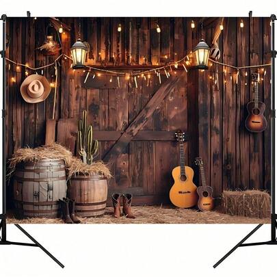 1 Westlicher Cowboy-Themen Fotografie Hintergrund Tuch, Westlicher Cowboy Polyester Fotografie Hintergrund Banner, Arakno Nishibu Tanikura Holz Torhaus Foto Hintergrund, Retro Party Banner Dekoration, Studio Requisiten, Geburtstagskuchen Tisch Zubehör