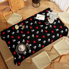 1 pièce Nappe en polyester noir avec motif squelette, motifs de crânes, fleurs et cœurs. Nappe rectangulaire/carrée imperméable, anti-taches et sans plis. Pour la décoration intérieure et extérieure, maison, chambre, salle de bain, cuisine et salle à manger. Idéal pour Halloween, Noël, mariage, anniversaire, fête, pique-nique et autres occasions festives.