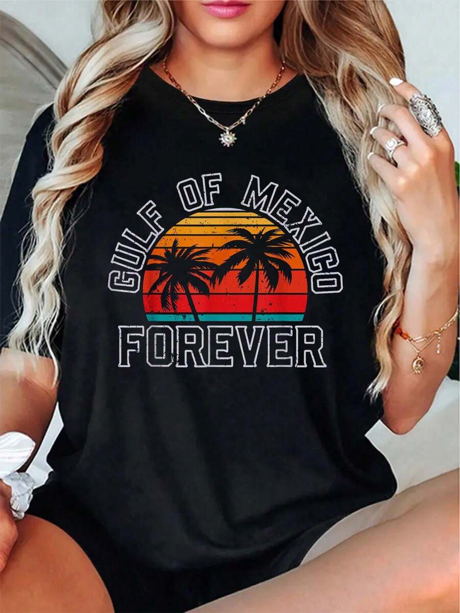 100% Algodón Camiseta Unisex Golfo de México Atardecer Eterno Vintage, Camiseta para Hombre y Mujer, Camiseta de Manga Corta Cuello Redondo - Negro - Ver 1