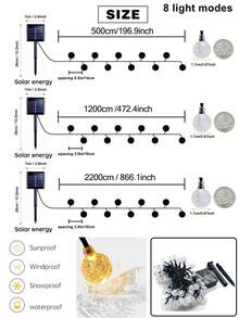 1 pieza Cadena de luces solares LED a prueba de agua con 20/50/100 luces, 5m/7m/12m, 8 modos de luz, bola de cristal, luz de hadas solares para decoración de jardín, patio, fiesta, exterior, hogar (blanco cálido)