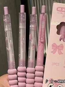 4 支可爱蝴蝶结按钮笔，ins 风格高品质速干中性笔，0.5 毫米黑色墨水适用于笔记本、考试、办公用品、学生礼物 - 黑色 - 查看 2