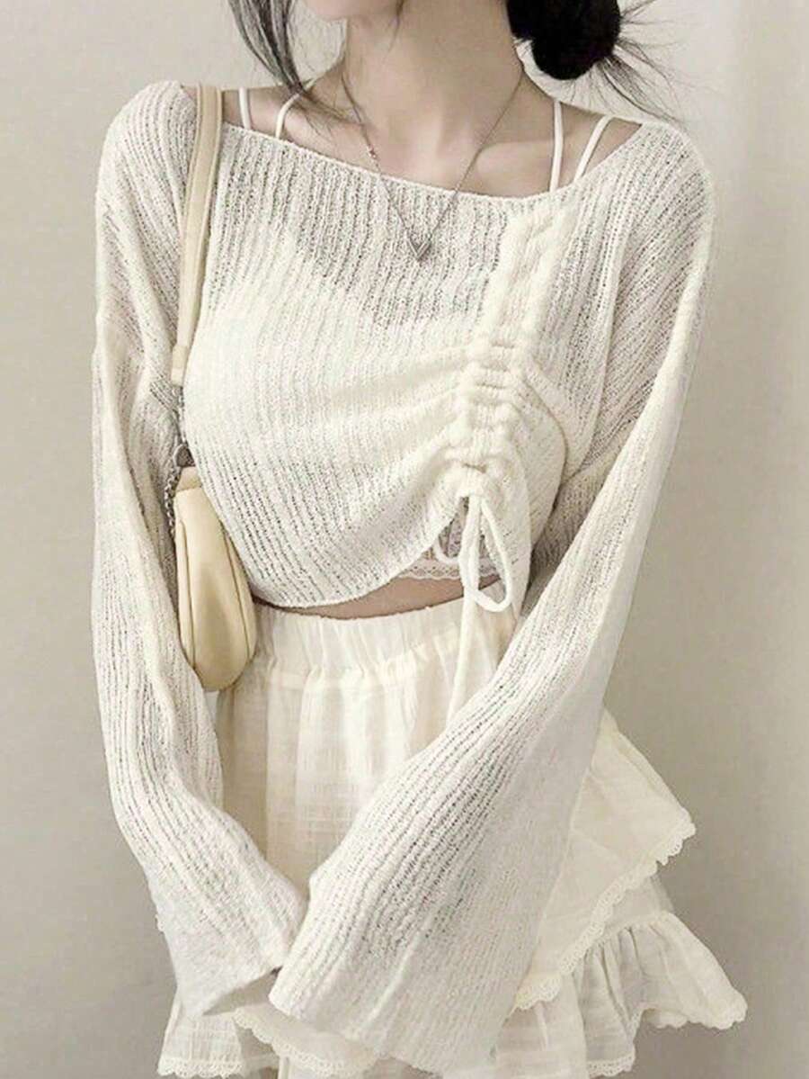 秋季女款抽绳蝴蝶结长袖露肩套头针织毛衣 - 白色 - 查看 1