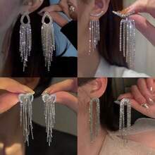 2pcs Fully Rhinestone Tassel Earrings, Sparkling Suitable For Women Holiday, Party, Date, Gift, Daily Versatile - Silver - View 3