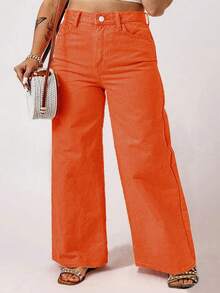 大码女式阔腿裤，适合休闲、通勤和返校穿着，秋冬季款 - 橘色 - 查看 3
