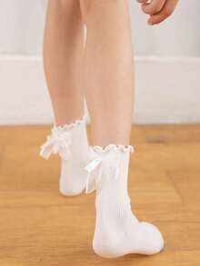 1 Pair Women Black Ruffle-Trim Striped Bow Design Comfortable Socks, Cute & Versatile For Daily Wear - Black - View 10