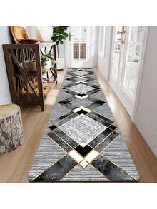 1PC Bohemian Vintage Long Runner Rug, Geometric Black & Gold Pattern, Stain-Resistant & Non-Slip, Crystal Velvet Grooved Carpet, Suitable For Decorating Bathroom, Bedroom, Hallway, Camping And Other Places - Multicolor - View 2