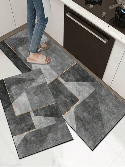 [HOT!!!] 1pc Gray Geometric Pattern Rectangular Kitchen Mat - Hallway Carpet, Minimalist Chic Geometric Style, 3mm Thick Silica Gel Rubber Mat, Suitable For Kitchen, Bathroom, Entryway, Laundry Room, Study, Living Room, Home And Room Decor
