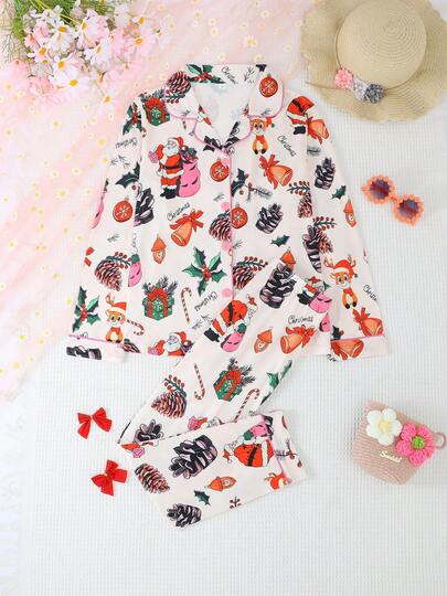 Set de 2 piezas de pijama de niñas y adolescentes con estampado de Papá Noel en el cuello y pantalones de manga larga, retardante de llamas, adecuado para Navidad y todas las estaciones