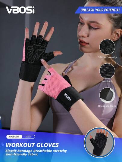 VBOSI 1 双透气半指运动手套，带可调节腕带 - 防滑、减震健身和骑行手套，男女皆宜